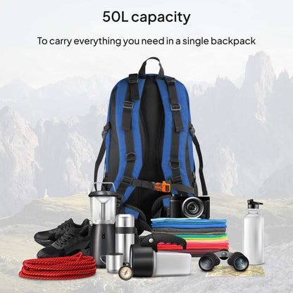 Mochila de Senderismo, 50 Litros, Impermeable y Ligera, Color Azul, Múltiples Bolsillos, ideal para Viaje, Montaña
