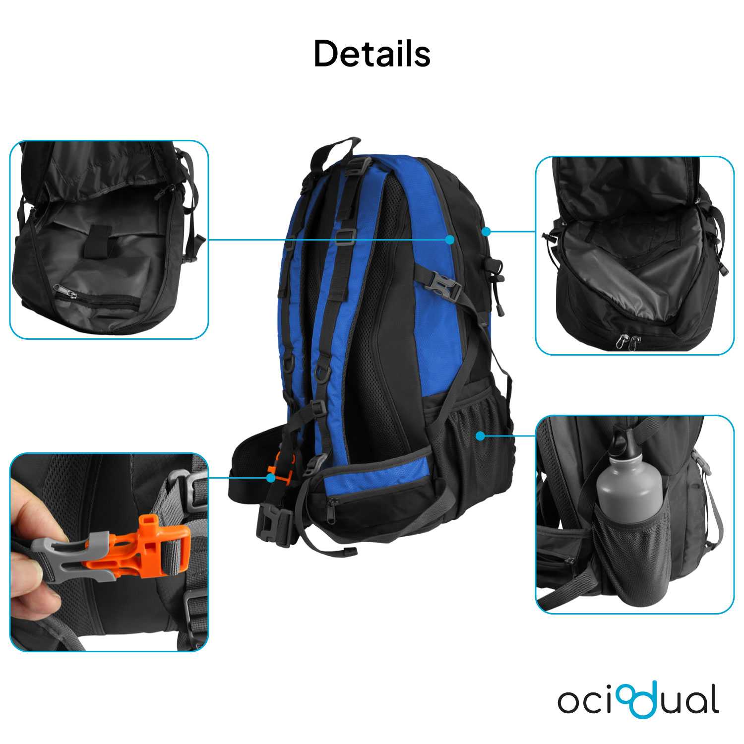 Mochila de Senderismo, 50 Litros, Impermeable y Ligera, Color Azul, Múltiples Bolsillos, ideal para Viaje, Montaña
