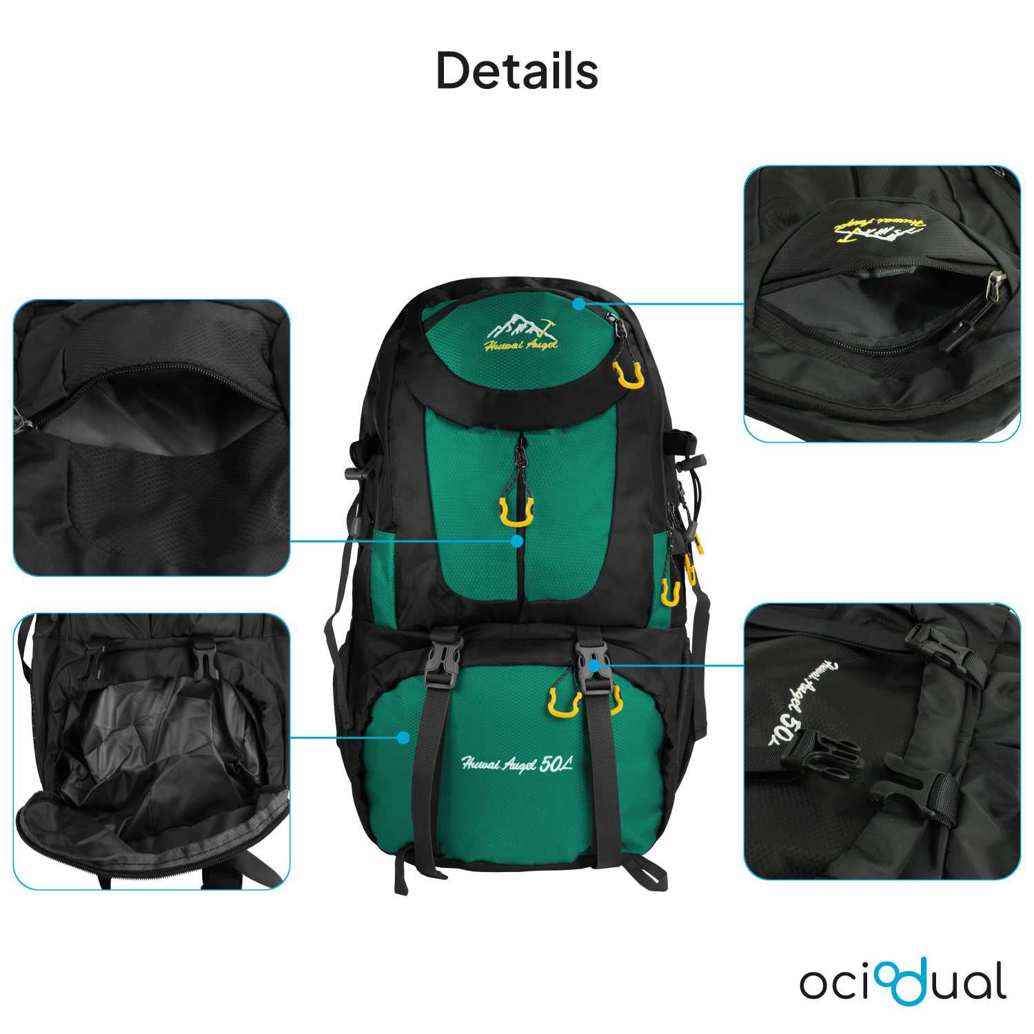 Mochila de Senderismo, 50 Litros, Impermeable y Ligera, Color Turquesa, Múltiples Bolsillos, ideal para Viaje, Montaña