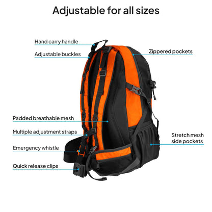 Mochila de Senderismo, 50 Litros, Impermeable y Ligera, Color Naranja, Múltiples Bolsillos, ideal para Viaje, Montaña