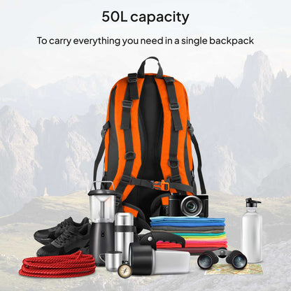 Mochila de Senderismo, 50 Litros, Impermeable y Ligera, Color Naranja, Múltiples Bolsillos, ideal para Viaje, Montaña