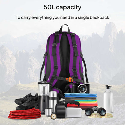 Mochila de Senderismo, 50 Litros, Impermeable y Ligera, Color Purpura, Múltiples Bolsillos, ideal para Viaje, Montaña