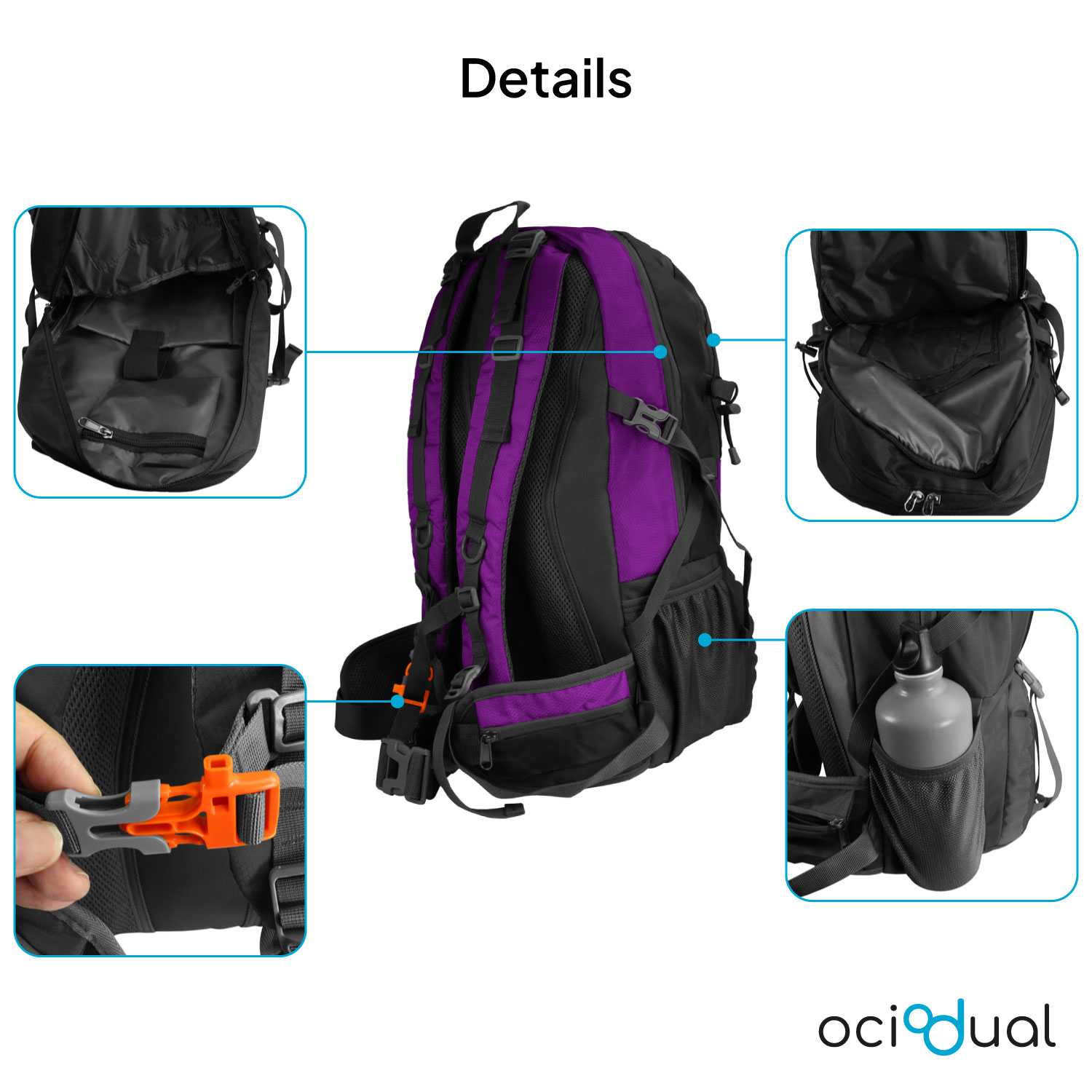 Mochila de Senderismo, 50 Litros, Impermeable y Ligera, Color Purpura, Múltiples Bolsillos, ideal para Viaje, Montaña