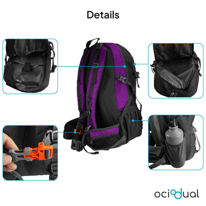 Mochila de Senderismo, 50 Litros, Impermeable y Ligera, Color Purpura, Múltiples Bolsillos, ideal para Viaje, Montaña