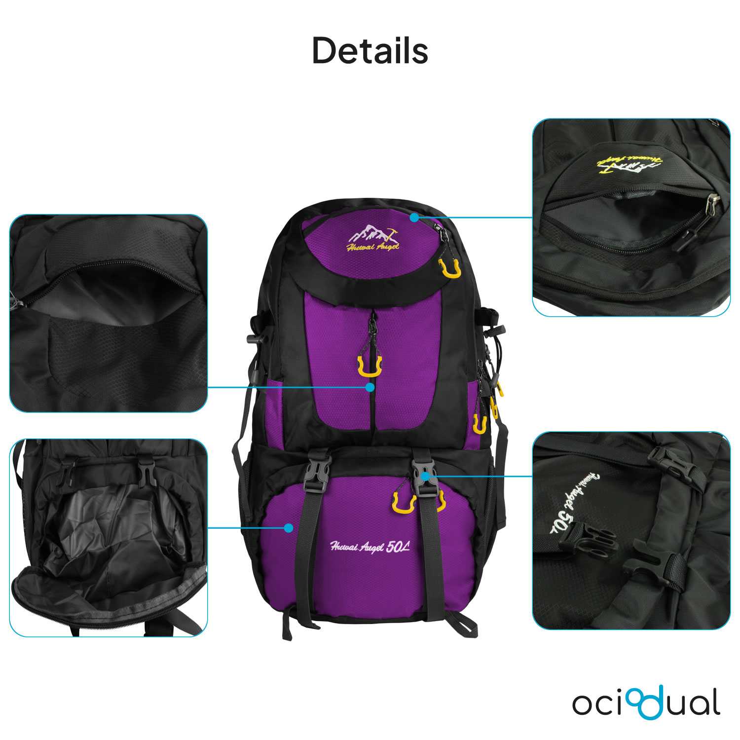 Mochila de Senderismo, 50 Litros, Impermeable y Ligera, Color Purpura, Múltiples Bolsillos, ideal para Viaje, Montaña