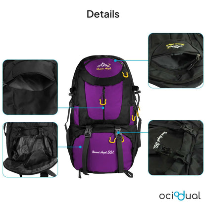 Mochila de Senderismo, 50 Litros, Impermeable y Ligera, Color Purpura, Múltiples Bolsillos, ideal para Viaje, Montaña