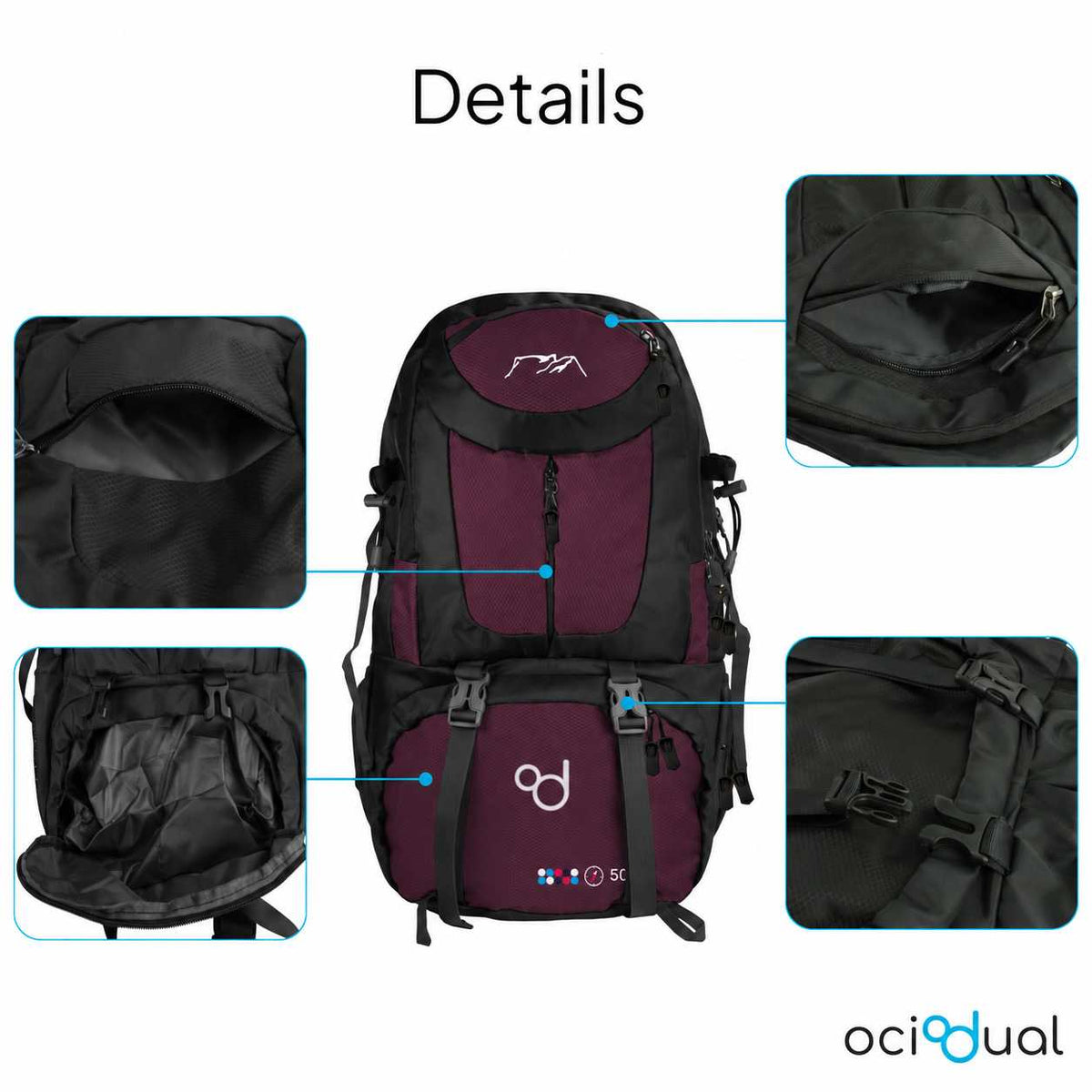 Mochila de Senderismo, 50 Litros, Impermeable y Ligera, Color Purpura, Múltiples Bolsillos, ideal para Viaje, Montaña