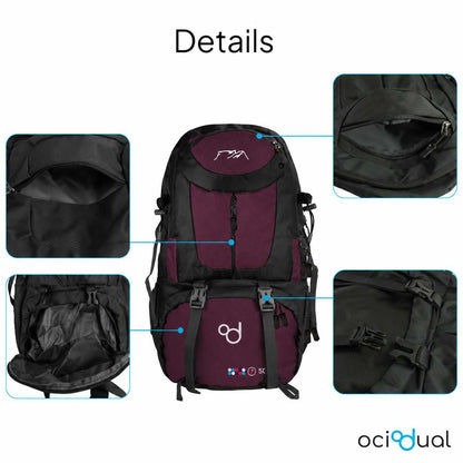 Mochila de Senderismo, 50 Litros, Impermeable y Ligera, Color Purpura, Múltiples Bolsillos, ideal para Viaje, Montaña