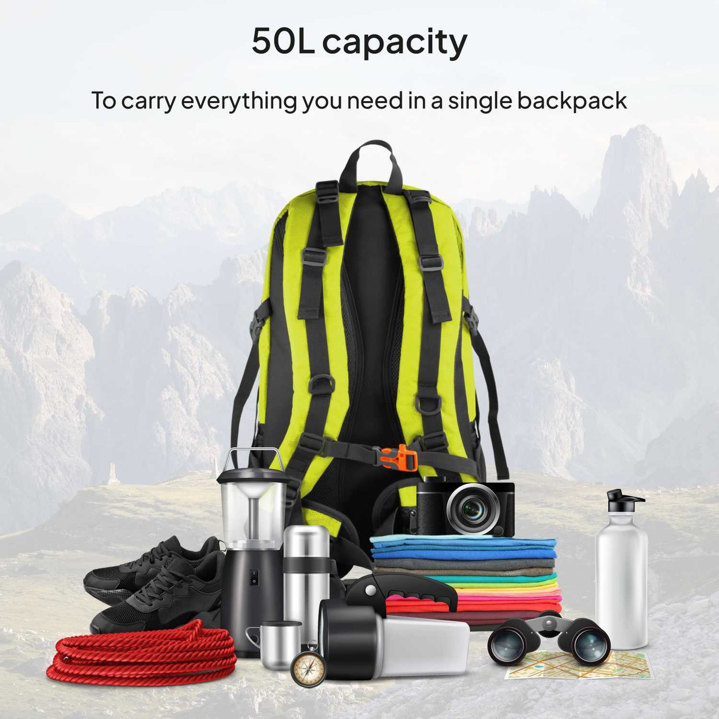 Mochila de Senderismo, 50 Litros, Impermeable y Ligera, Color Verde, Múltiples Bolsillos, ideal para Viaje, Montaña