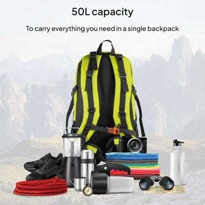 Mochila de Senderismo, 50 Litros, Impermeable y Ligera, Color Verde, Múltiples Bolsillos, ideal para Viaje, Montaña