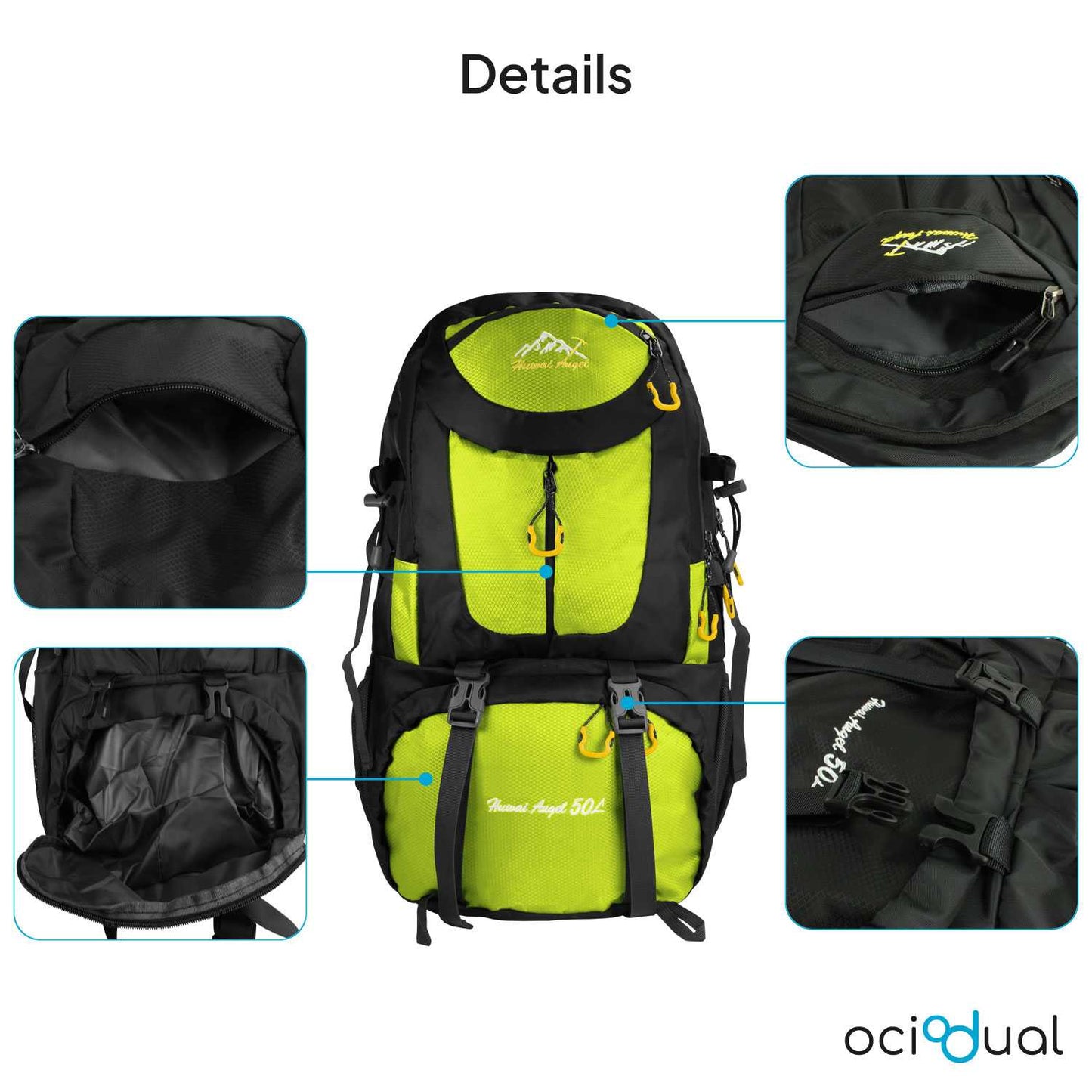 Mochila de Senderismo, 50 Litros, Impermeable y Ligera, Color Verde, Múltiples Bolsillos, ideal para Viaje, Montaña