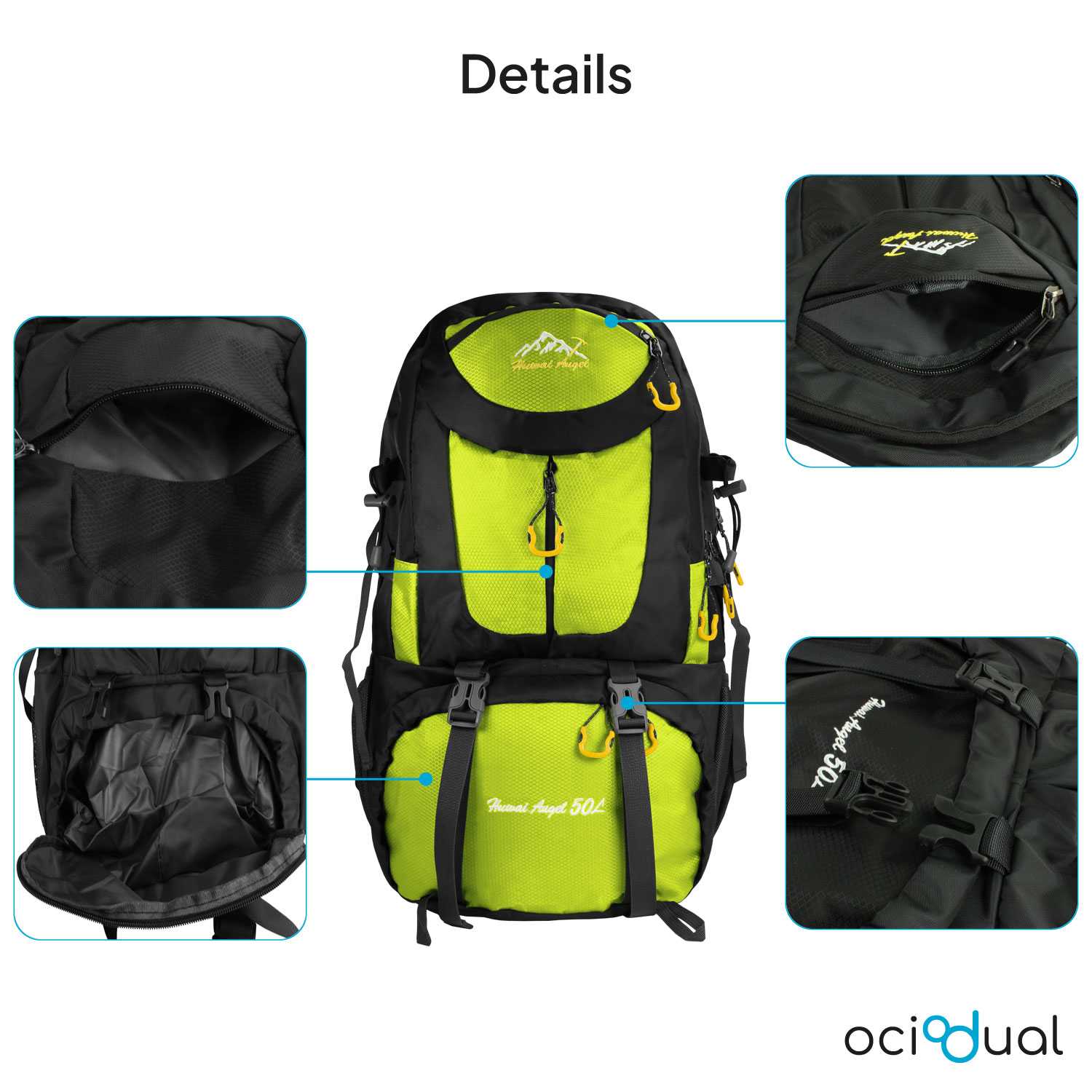Mochila de Senderismo, 50 Litros, Impermeable y Ligera, Color Verde, Múltiples Bolsillos, ideal para Viaje, Montaña