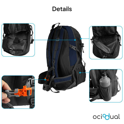 Mochila de Senderismo, 50 Litros, Impermeable y Ligera, Color Azul Oscuro, Múltiples Bolsillos, ideal para Viaje, Montaña