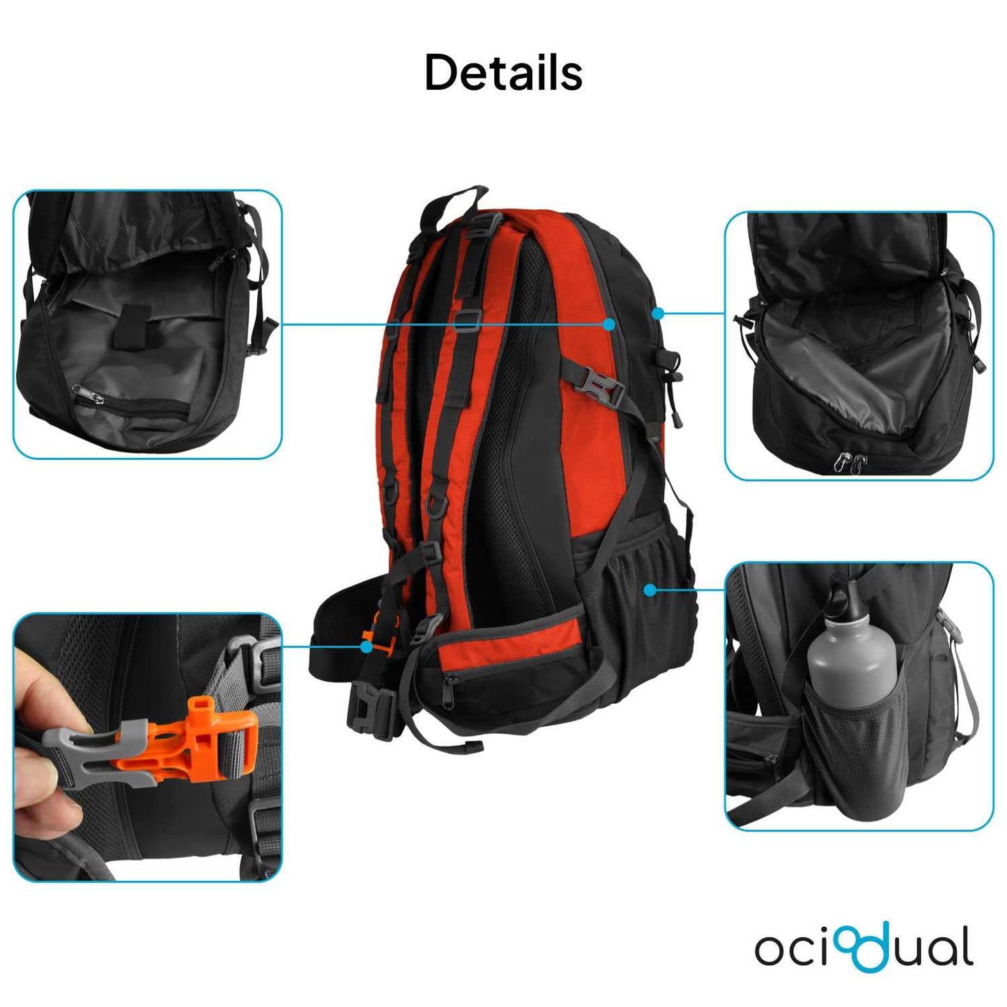 Mochila de Senderismo, 50 Litros, Impermeable y Ligera, Color Rojo, Múltiples Bolsillos, ideal para Viaje, Montaña
