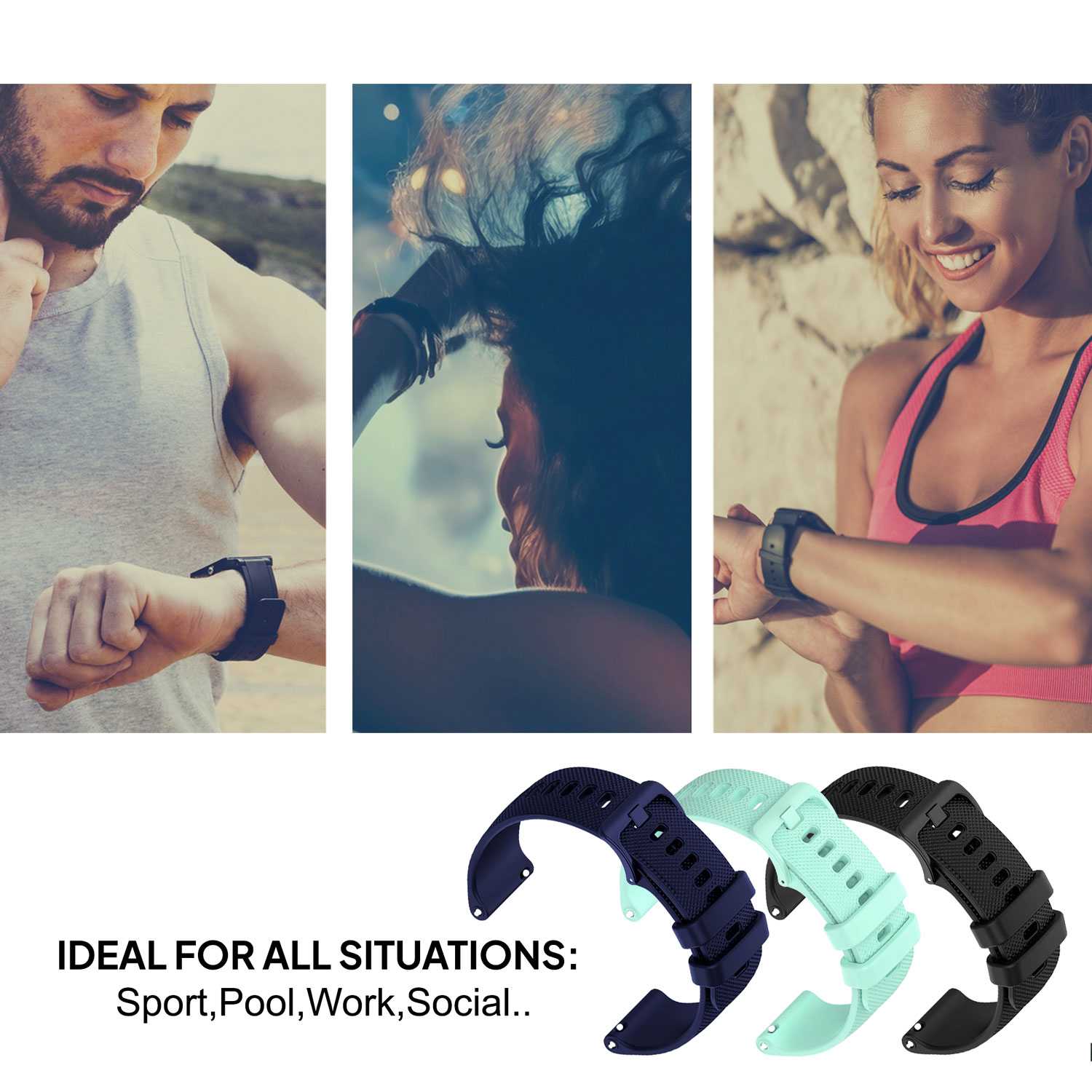 Pack de 3 Correas de Silicona para Reloj,20mm, Smartwatch con liberación rápida, Compatible con Amazfit, Garmin, Samsung Galaxy Watch, para Hombre y Mujer,Azul Oscuro/Negro/Turquesa