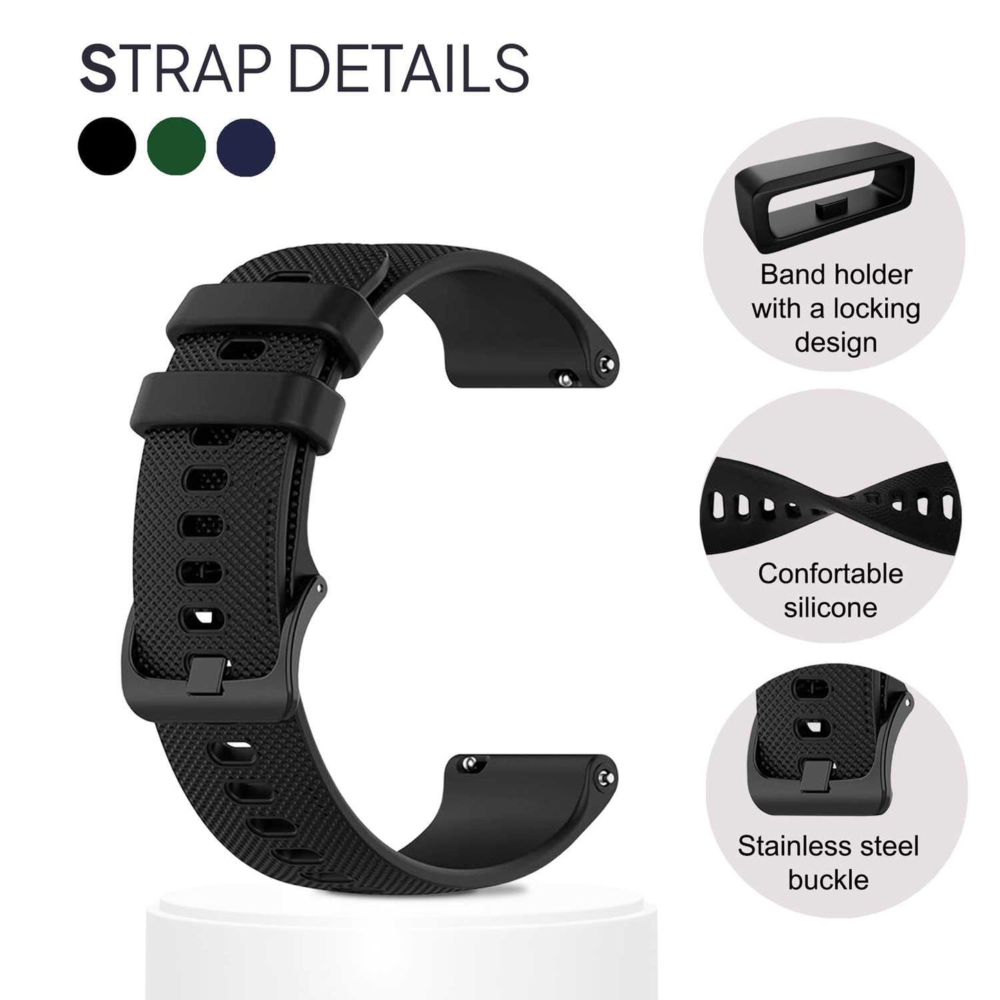 Pack de 3 Correas de Silicona para Reloj,22mm, Smartwatch con liberación rápida, Compatible con Amazfit, Garmin, Samsung Galaxy Watch, para Hombre y Mujer,Verde Militar/Azul Oscuro/Negro