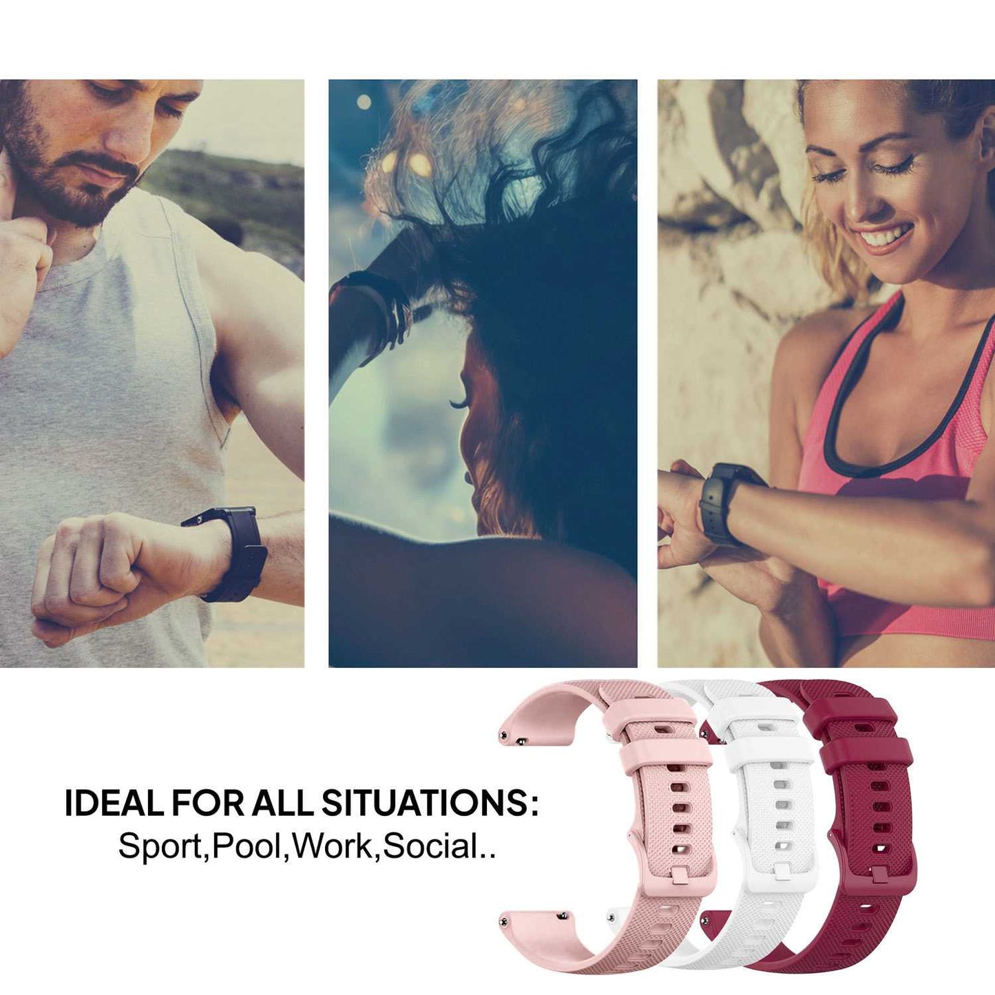 Pack de 3 Correas de Silicona para Reloj,18mm, Burdeos/Rosa/Blanco