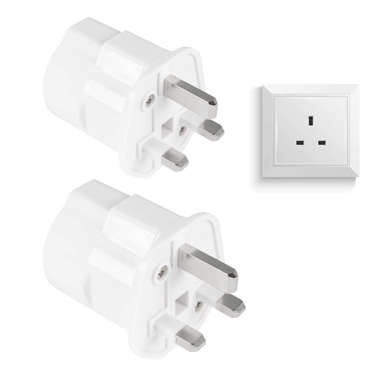 2x Adaptadores de Enchufe EU a UK, Convertidor de 2 Pines a 3 Pines, Tipo C, E y F a Tipo G, Blanco