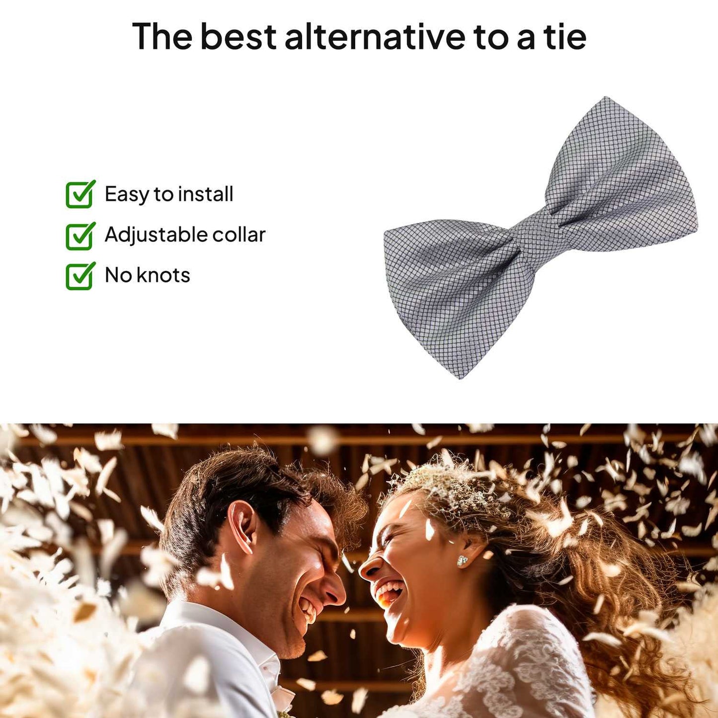 Pajarita Elegante a Cuadros para Hombre de color Gris Diseño Unicolor con Cierre de Gancho Clip Ajustable, 12cm x 6cm, Celebraciones, Fiestas, Trabajo, Bodas y Eventos