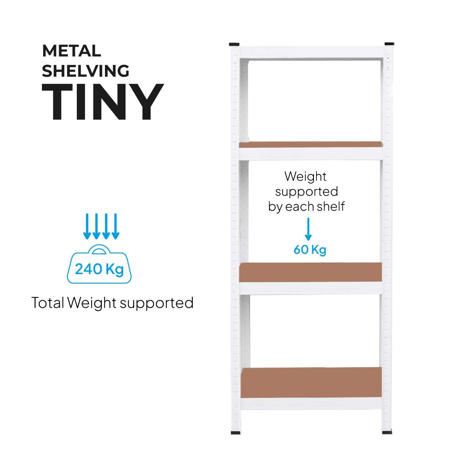 Estanteria Metalica Tiny Blanca, Estante Ideal para Hogar, Estanterias Trastero, Muebles, Oficina, Estanterias Almacenaje Divisible, Sin Tornillos, 240kg, 4 Baldas MDF, 150x60x30cm