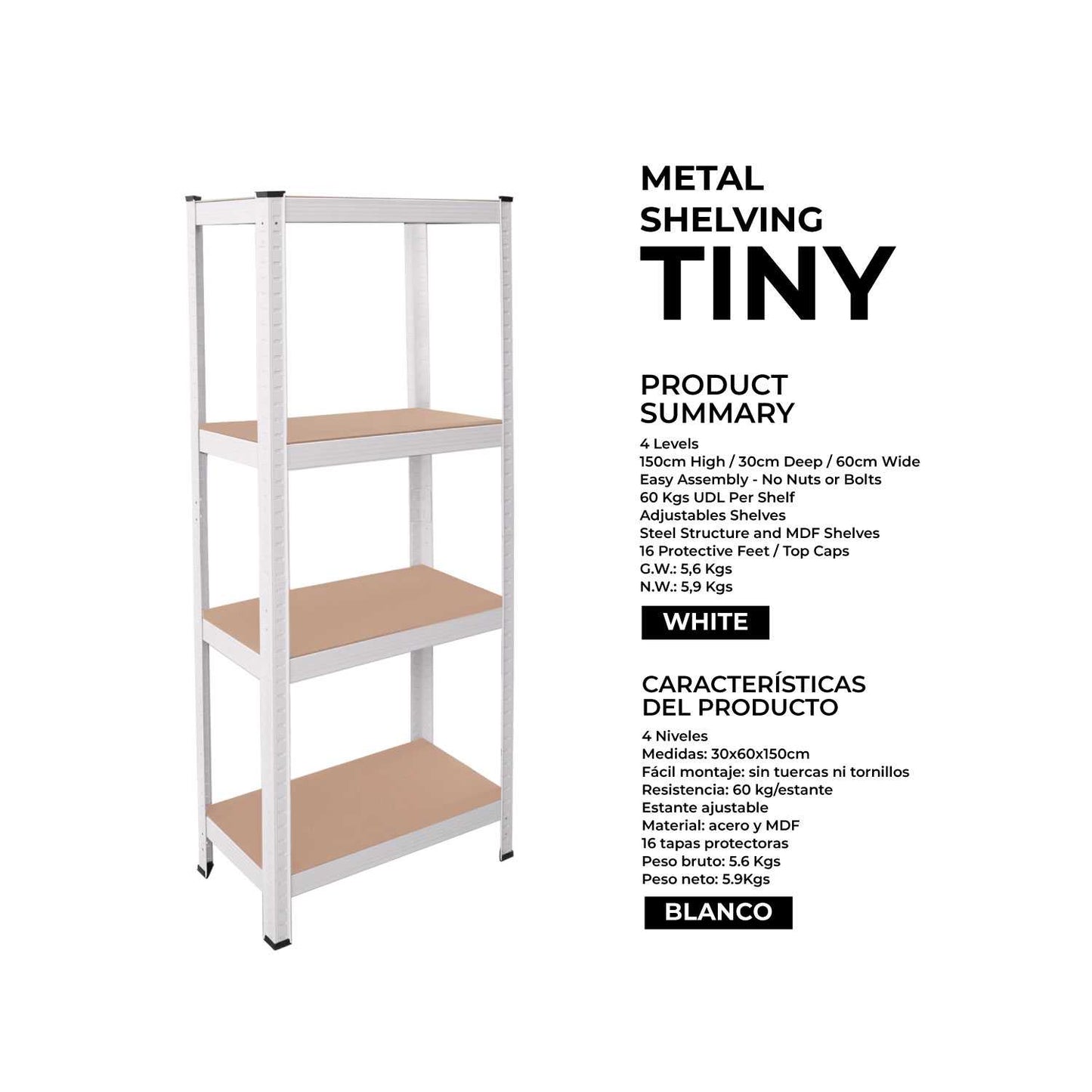 Estanteria Metalica Tiny Blanca, Estante Ideal para Hogar, Estanterias Trastero, Muebles, Oficina, Estanterias Almacenaje Divisible, Sin Tornillos, 240kg, 4 Baldas MDF, 150x60x30cm