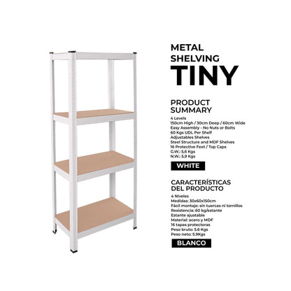 Estanteria Metalica Tiny Blanca, Estante Ideal para Hogar, Estanterias Trastero, Muebles, Oficina, Estanterias Almacenaje Divisible, Sin Tornillos, 240kg, 4 Baldas MDF, 150x60x30cm