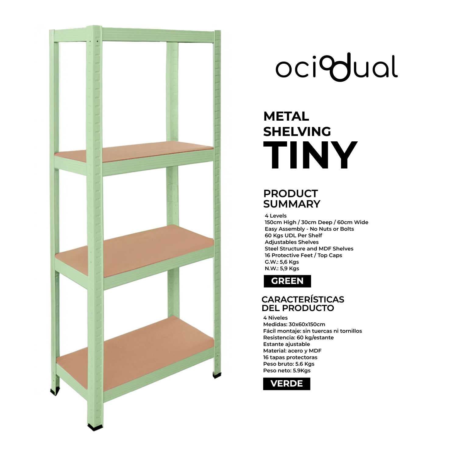 Estanteria Metalica Tiny Verde, Estante Ideal para Hogar, Estanterias Trastero, Muebles, Oficina, Estanterias Almacenaje Divisible, Sin Tornillos, 240kg, 4 Baldas MDF, 150x60x30cm