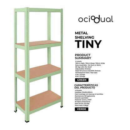 Estanteria Metalica Tiny Verde, Estante Ideal para Hogar, Estanterias Trastero, Muebles, Oficina, Estanterias Almacenaje Divisible, Sin Tornillos, 240kg, 4 Baldas MDF, 150x60x30cm