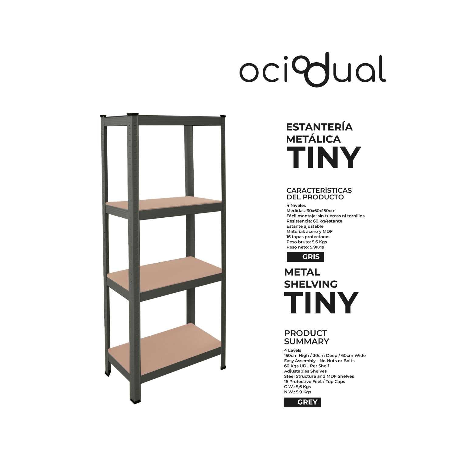 Estanteria Metalica Tiny Gris, Estante Ideal para Hogar, Estanterias Trastero, Muebles, Oficina, Estanterias Almacenaje