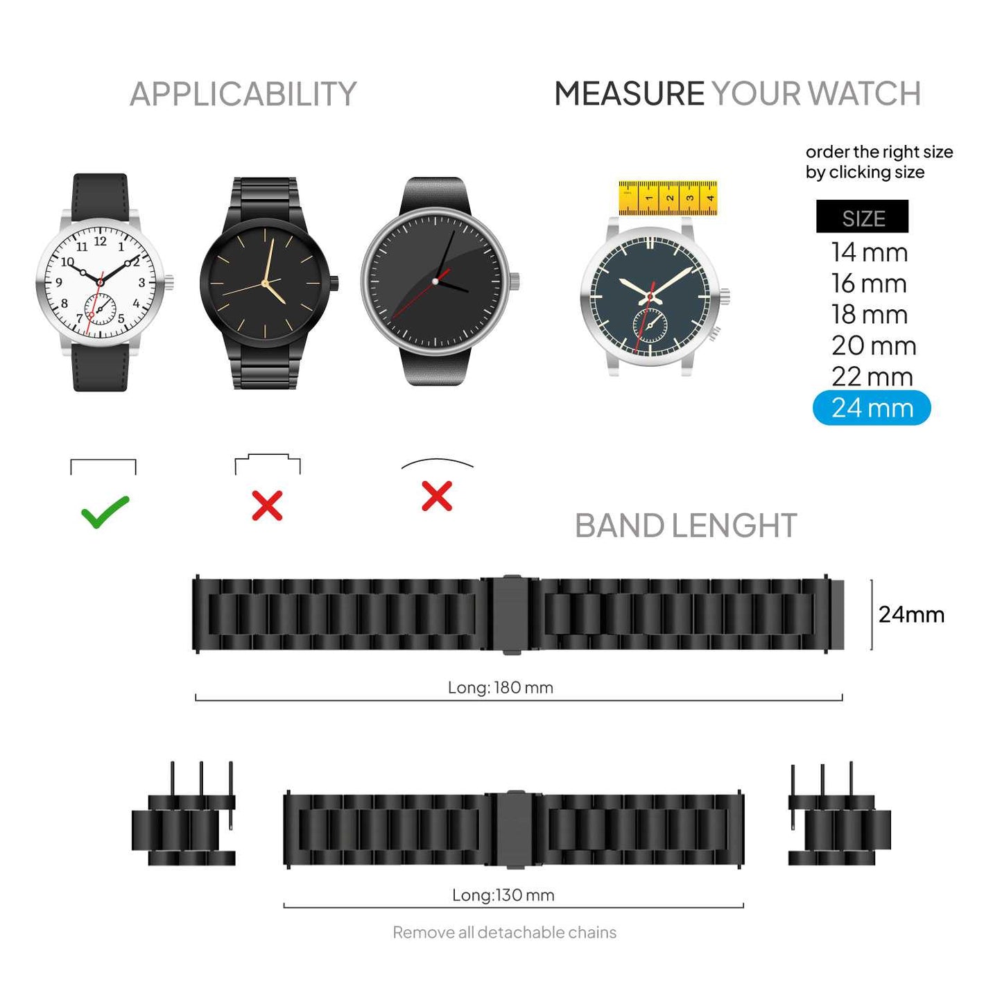 Correa Reloj Correa Metálica Acero Inoxidable Color Negro 24mm Correa Reloj Inteligente Reloj Hombre Smartwatch Mujer