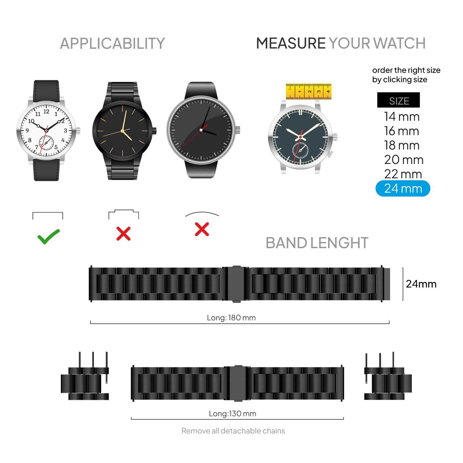 Correa Reloj Correa Metálica Acero Inoxidable Color Negro 24mm Correa Reloj Inteligente Reloj Hombre Smartwatch Mujer