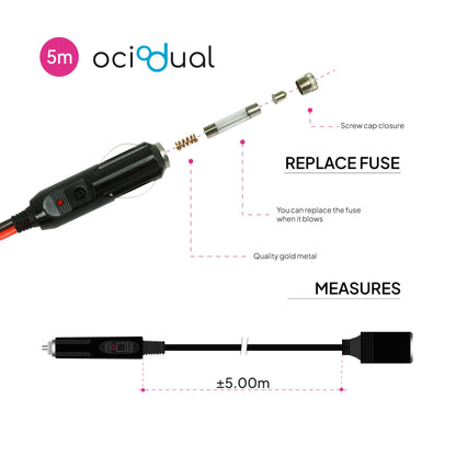 Cable Mechero Coche de 5 Metros, Accesorios coche, Cable Extensor Mecheros Coche, Enchufe 12V para Coche, 12V/24V 15A Conector