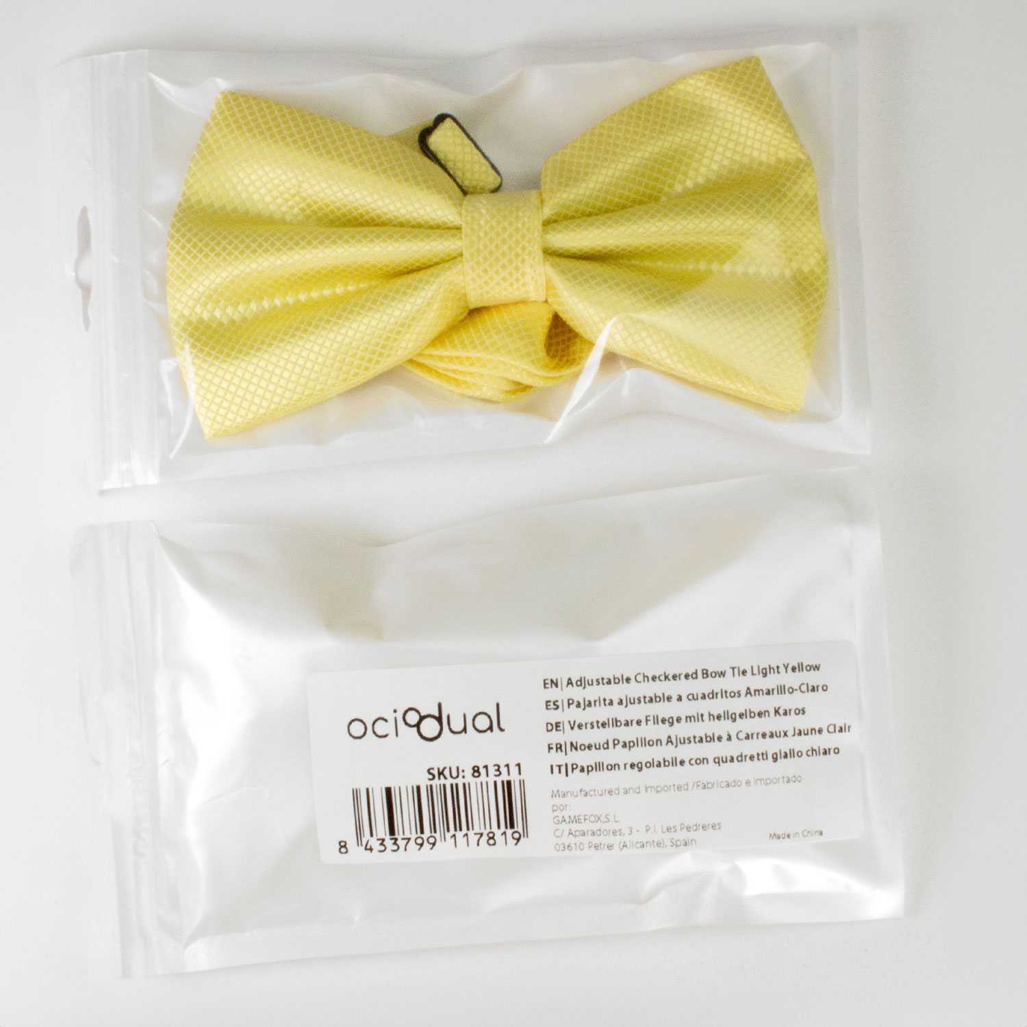 Pajarita Elegante a Cuadros para Hombre de color Amarillo Claro Diseño Unicolor con Cierre de Gancho Clip Ajustable, 12cm x 6cm, Celebraciones, Fiestas, Trabajo, Bodas y Eventos