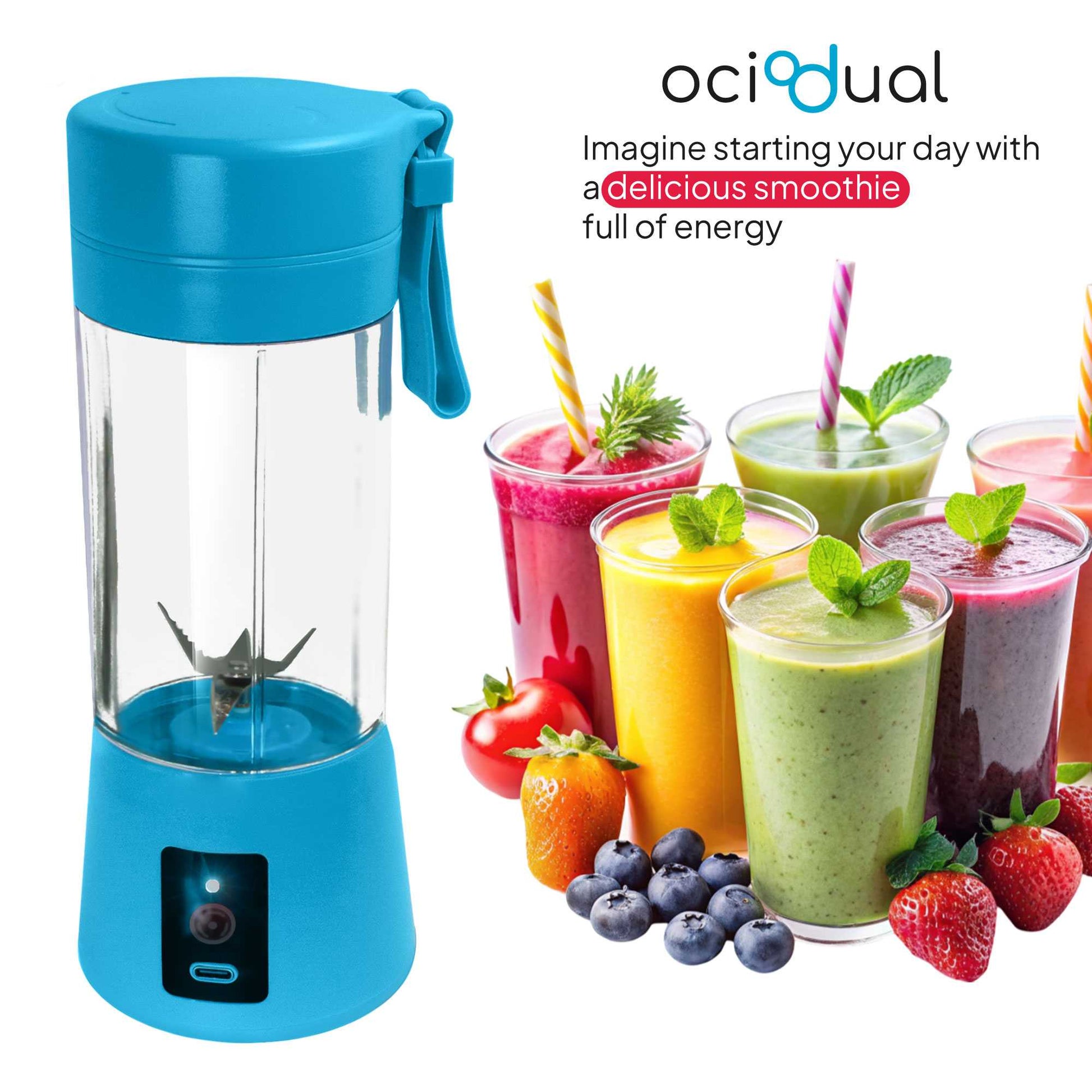 Licuadora Portátil para Smoothies, Milkshakes, Cócteles, Batidos de proteínas, Batidora para Zumos de 380 ML, Recargable USB-C
