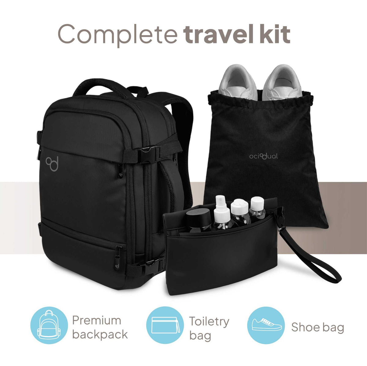 Mochila de viaje con neceser, bolsa para zapatos y funda de lluvia