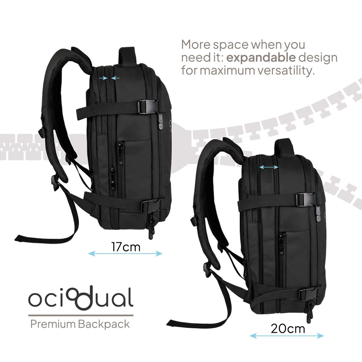 Mochila de viaje expandible de 17 a 20 cm de profundidad