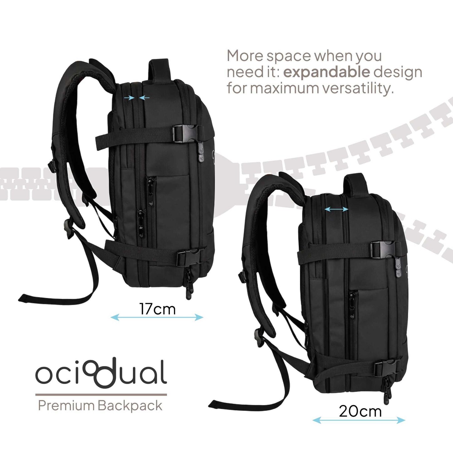 Mochila de Viaje Compacta y Expandible 40×30×17cm a 40×30×20cm, Ideal para Cabina, Apertura Tipo Maleta 180º