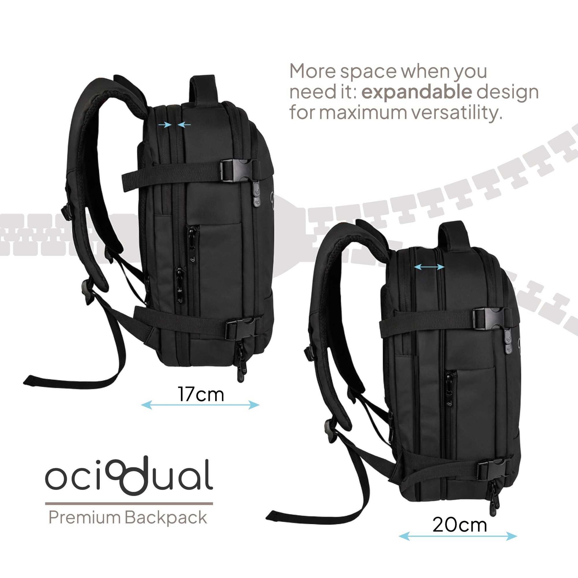 Mochila de Viaje Compacta y Expandible 40×30×17cm a 40×30×20cm, Ideal para Cabina, Apertura Tipo Maleta 180º