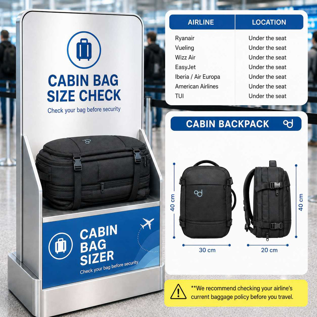 Mochila de cabina compatible con diferentes aerolíneas