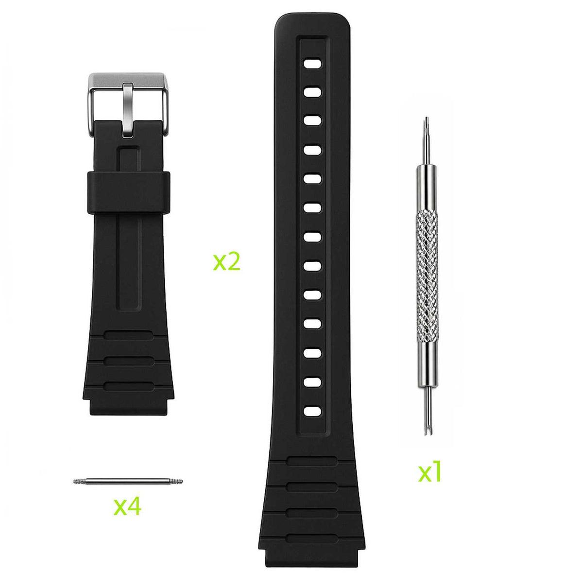 Contenido del pack de correas negras para Casio F-91W con pasadores metálicos
