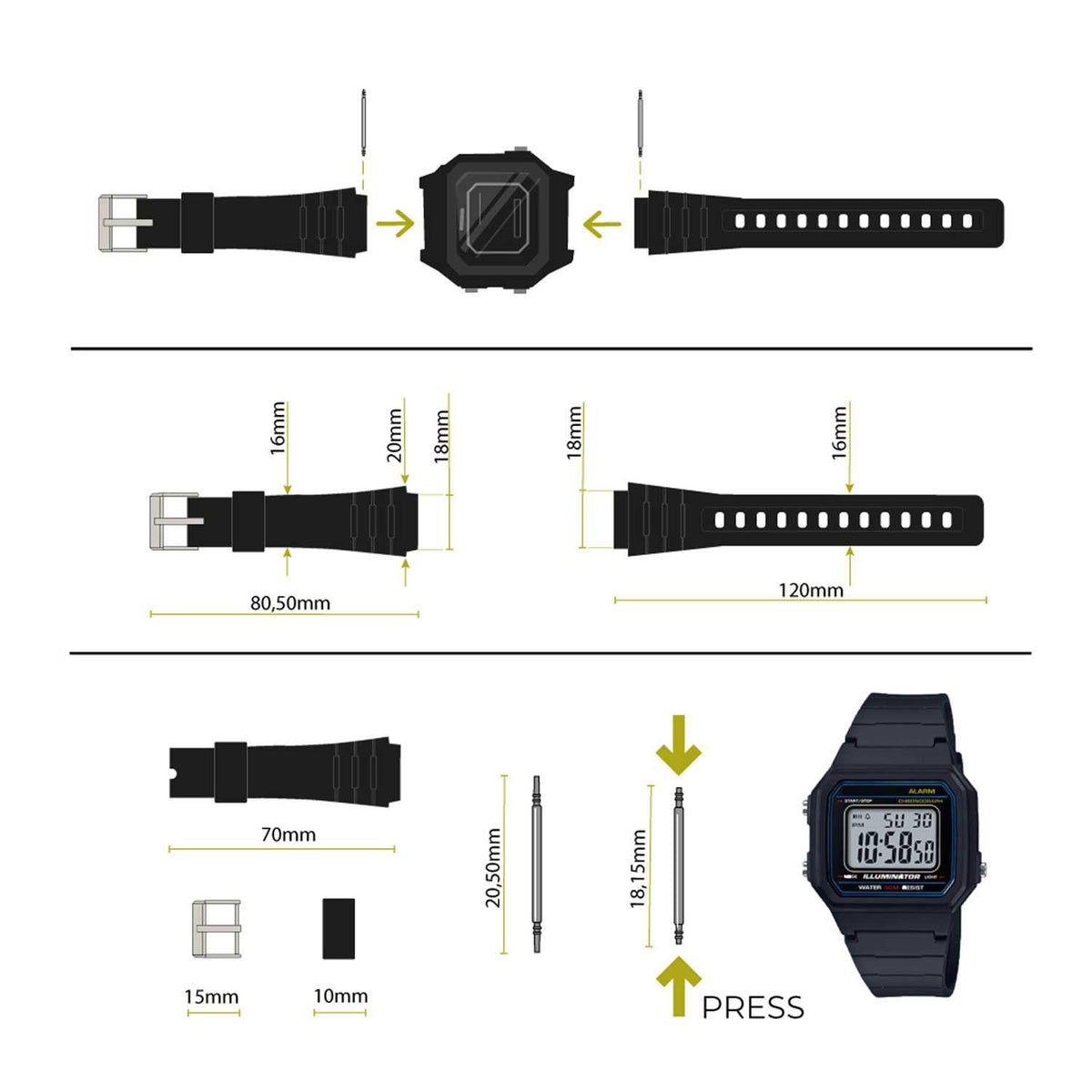 Esquema de medidas de correa de repuesto compatible con Casio F-91W de 18 mm