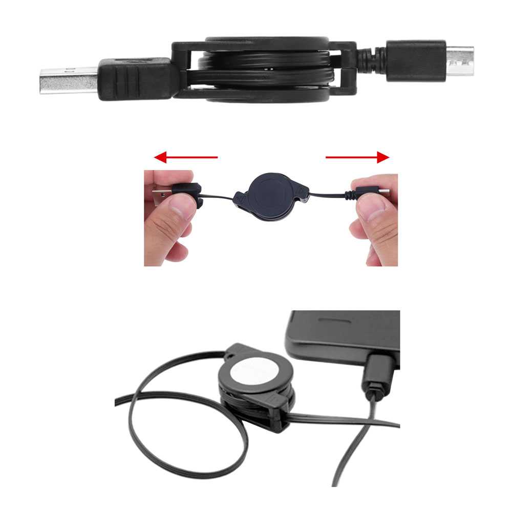 Cable Cargador Retractil Auto Plegable Enrollable Extensible Micro USB Negro