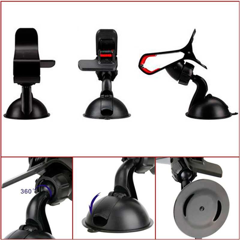 Soporte de Parabrisas Rótula Ajustable 360 con Pinza para Teléfonos Móviles Smartphones GPS Negro Luna Coche GF91039