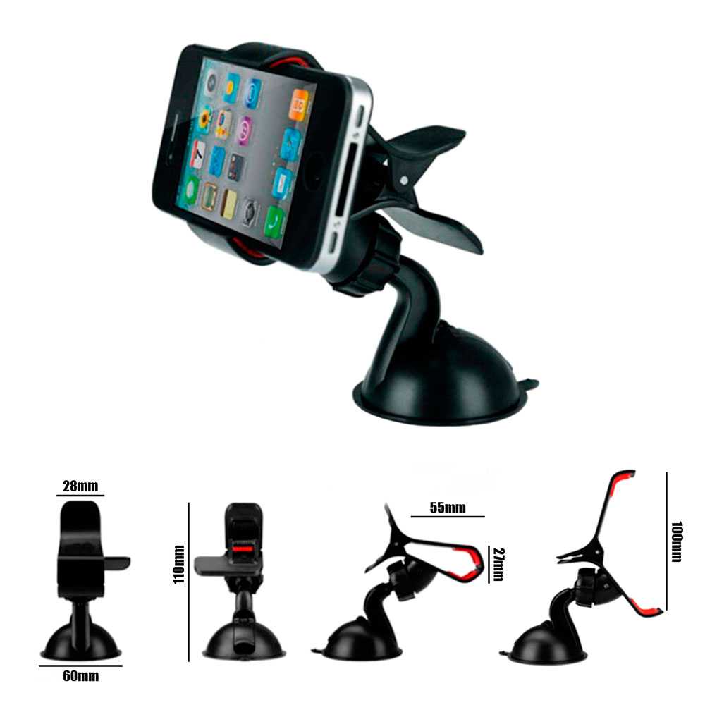 Soporte de Parabrisas Rótula Ajustable 360 con Pinza para Teléfonos Móviles Smartphones GPS Negro Luna Coche GF91039