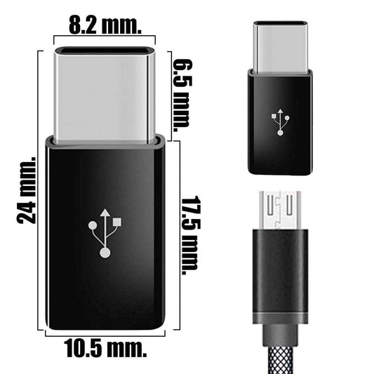 Adaptador Micro USB 5 Pines Hembra a Tipo C Macho Negro para Telefonos Moviles Smartphones Tablets