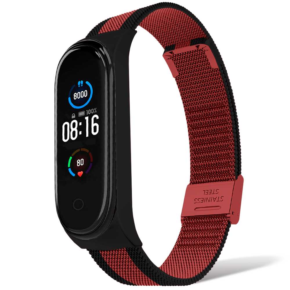 Correa Metálica Compatible con Xiaomi Mi Smart Band 5 6 Rojo Negro Pulsera de Recambio Repuesto Acero Inox Brazalete