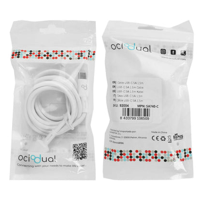 Cable USB Tipo C 1,5m 6A 148BA Blanco de Carga Datos Cargador Rápido Quick Charge para Teléfonos Smartphones Tablets