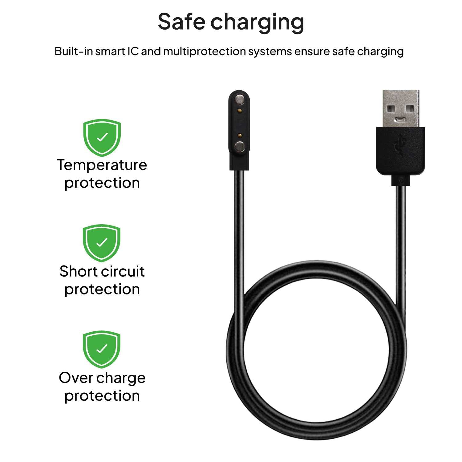 Cable Carga Magnética Negro 2 Pines con Espaciado Separación de 7,62mm para Smartwatch Cargador Magnético USB Dos Imanes Recambio Repuesto Reemplazo Reloj Inteligente