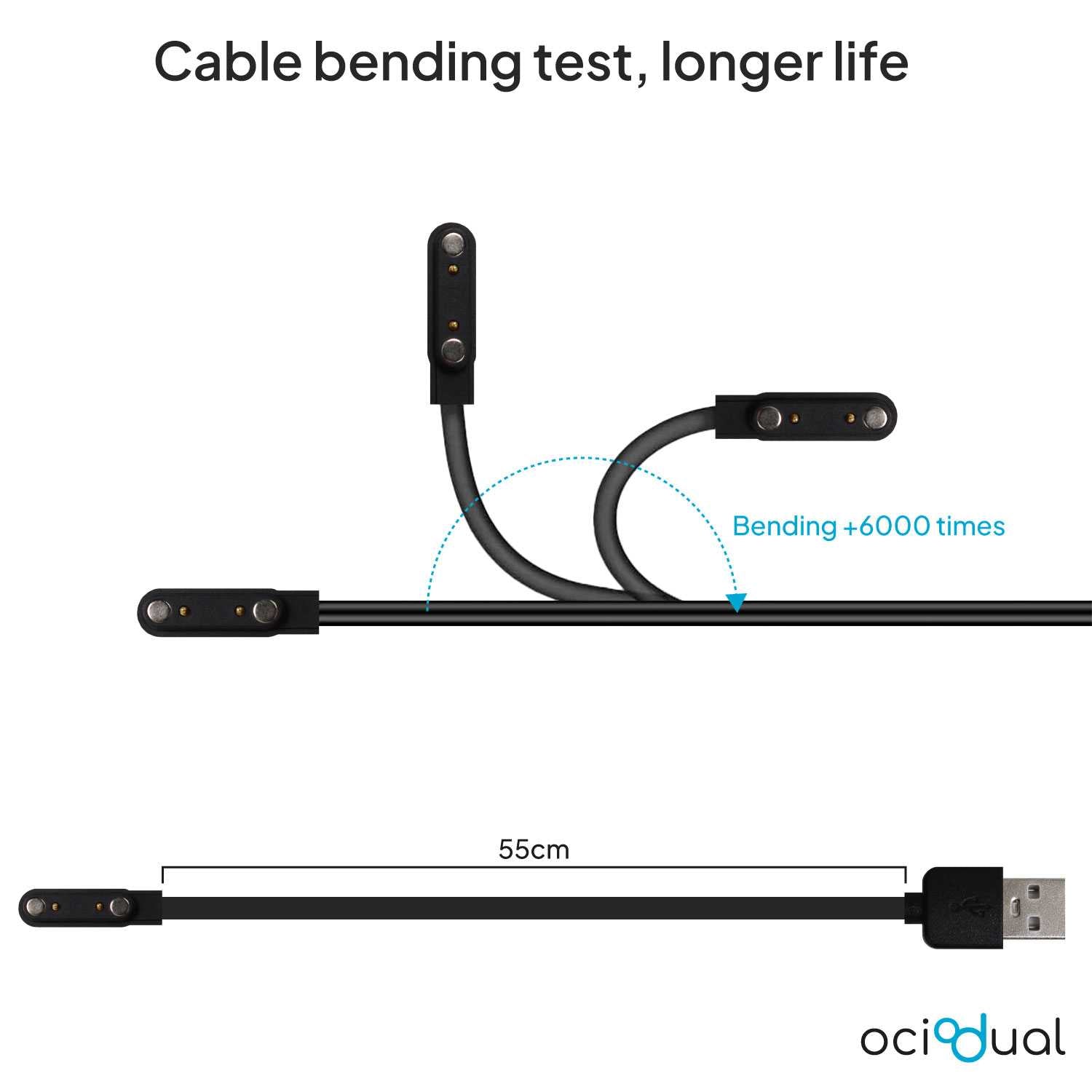 Cable Carga Magnética Negro 2 Pines con Espaciado Separación de 7,62mm para Smartwatch Cargador Magnético USB Dos Imanes Recambio Repuesto Reemplazo Reloj Inteligente