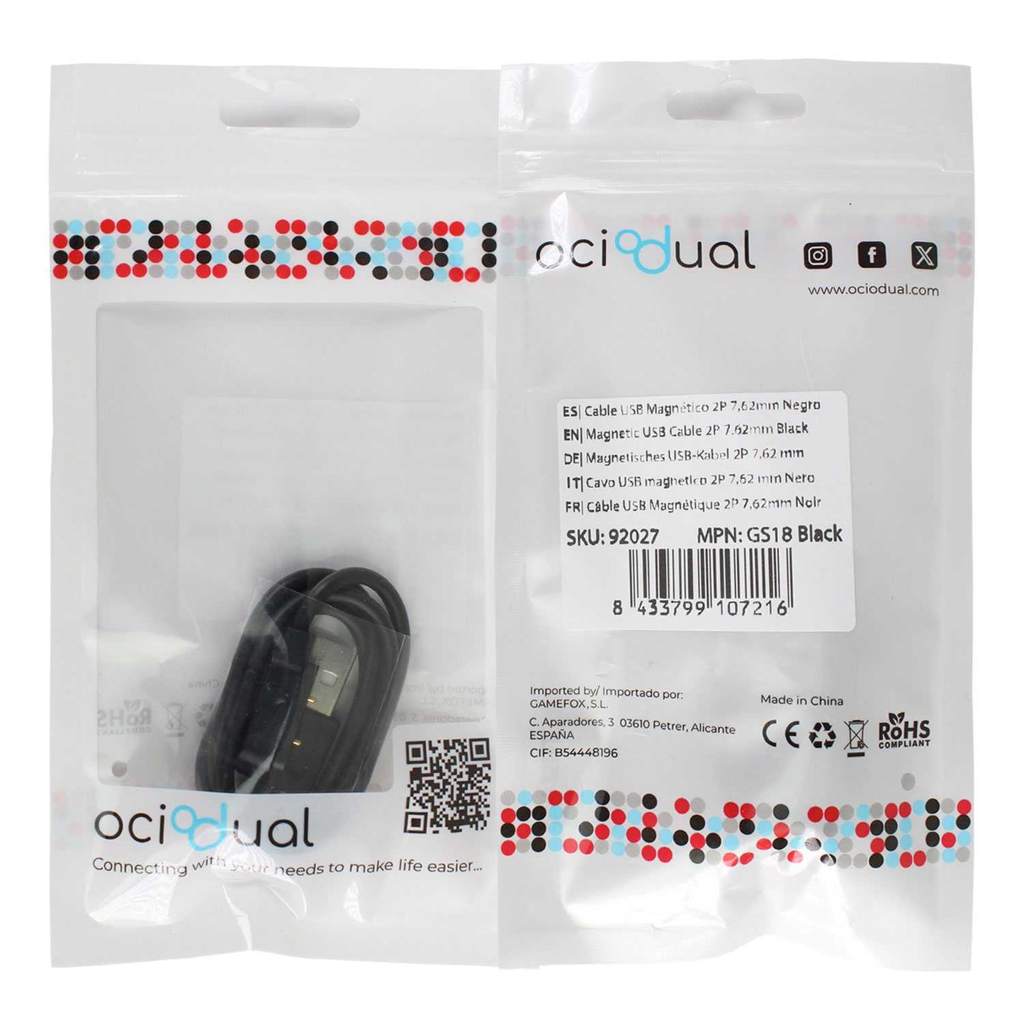 Cable Carga Magnética Negro 2 Pines con Espaciado Separación de 7,62mm para Smartwatch Cargador Magnético USB Dos Imanes Recambio Repuesto Reemplazo Reloj Inteligente